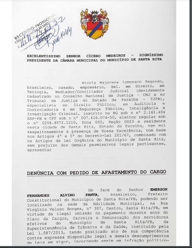Após tentativa de manobra, Ministério Público é acionado e recebe pedido de intervenção na Câmara de Santa Rita