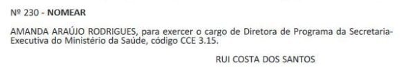 Nomeação de Amanda Rodrigues consta no DOU.