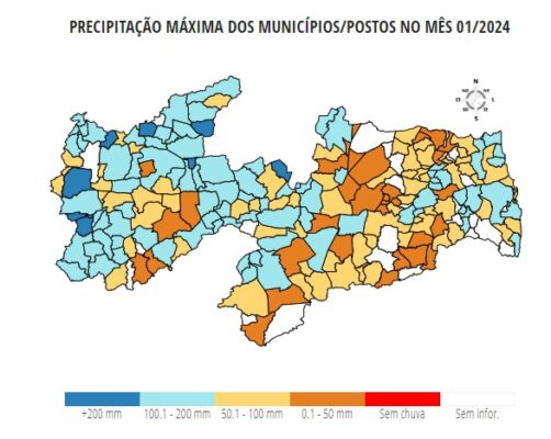 Mapa da Aesa com dados pluviométricos.