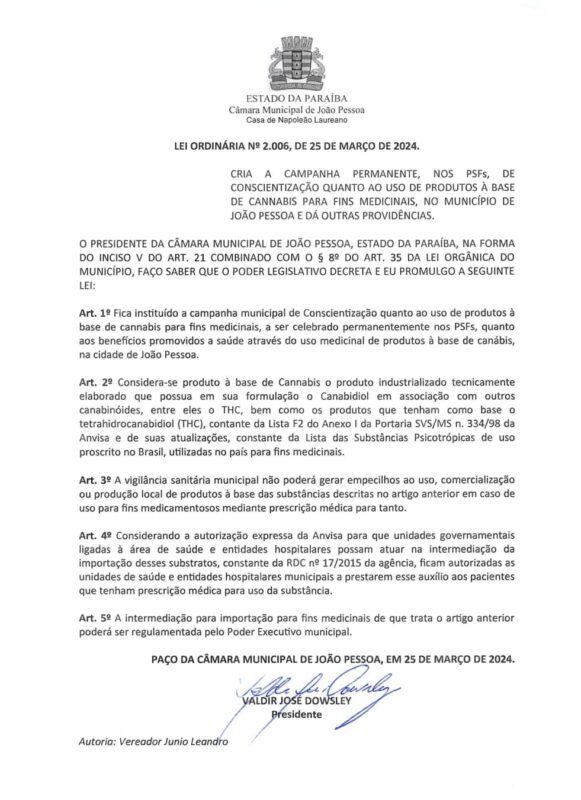Lei estabelece campanha de conscientização relacionada à cannabis, em João Pessoa.