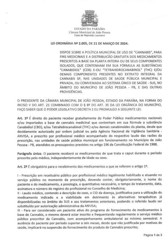 Lei define regras para recebimento de cannabis medicinal, em João Pessoa.