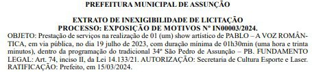 Prefeitura de Assunção torra mais de R$ 450 mil com shows da festa de São Pedro 2024