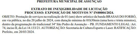 Prefeitura de Assunção torra mais de R$ 450 mil com shows da festa de São Pedro 2024