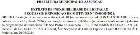 Prefeitura de Assunção torra mais de R$ 450 mil com shows da festa de São Pedro 2024