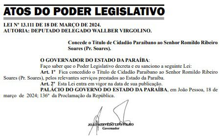 Título concedido a R.R Soares foi publicado no DOE.