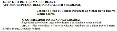 Título de cidadão consta na edição desta terça-fe0ra do DOE.