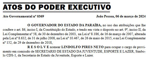 Nomeação de Lindolfo Pires no DOE desta quinta-feira (07).