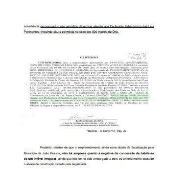 Recurso do Ministério Público após justiça mandar prefeitura emitir 'habite-se' de prédio com altura irregular.