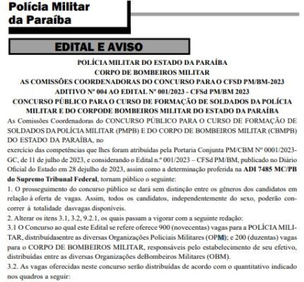 Aditivo no edital do concurso da PMPB publicado no DOE.