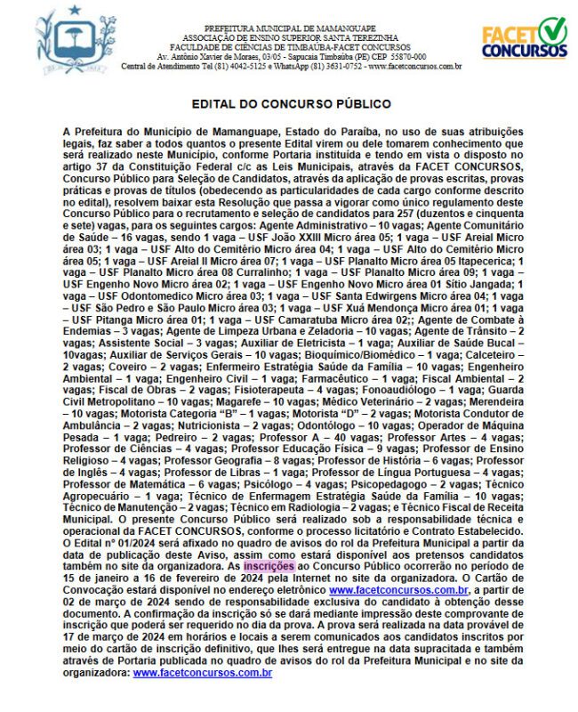Concurso da Prefeitura de Mamanguape tem inscrições reabertas e passa a ofertar 260 oportunidades
