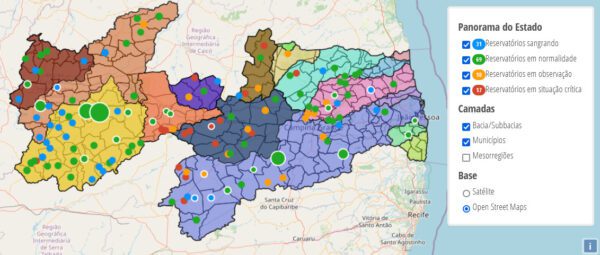 Mapa da AESA com dados sobre os mananciais.