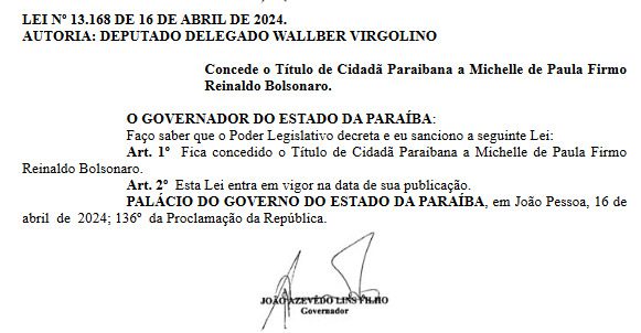 Lei consta no DOE. Michelle