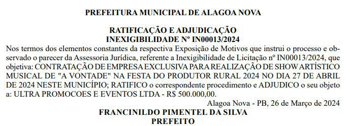 Alagoa Nova amplia gastos com cachês e torra mais de R$ 2,1 milhões com shows da Festa do Produtor Rural