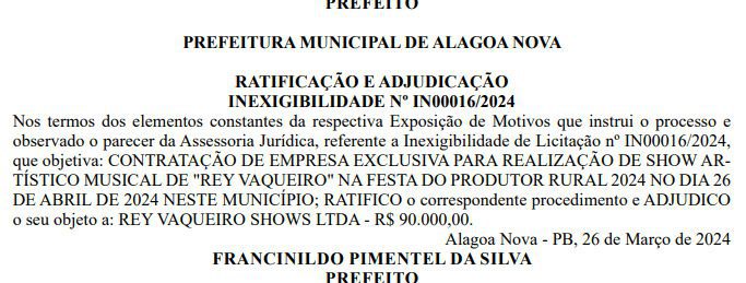 Alagoa Nova amplia gastos com cachês e torra mais de R$ 2,1 milhões com shows da Festa do Produtor Rural