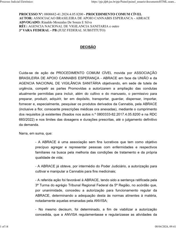 Decisão inédita: Justiça Federal acata pedido da Abrace e associação vai poder fornecer óleo e flor da Cannabis
