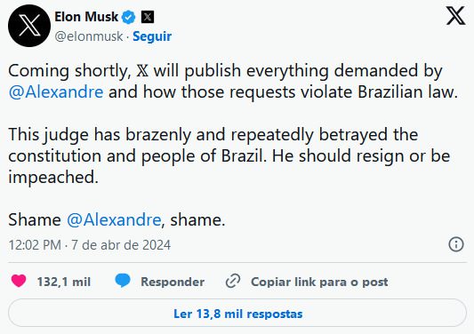 Elon Musk voltou a criticar o ministro Alexandre de Moraes nas redes sociais.