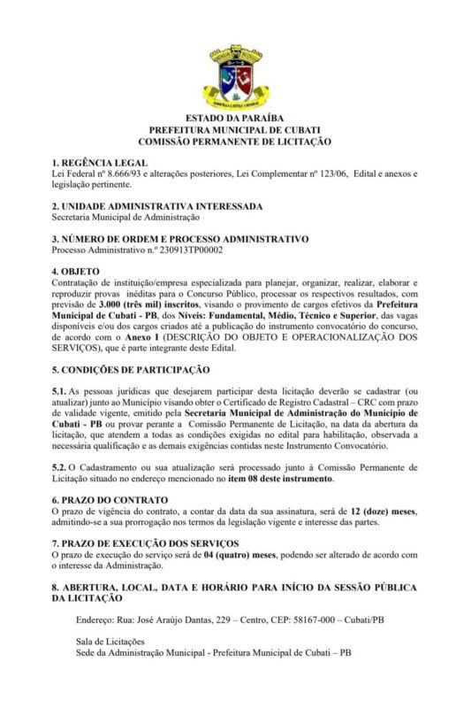 Prefeitura de Cubati se prepara para lançar concurso público com mais de 150 vagas; confira cargos