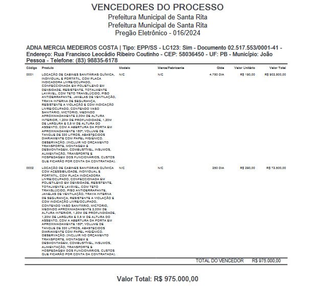 Prefeitura de Santa Rita fecha contrato de quase R$ 1 milhão para aluguel de banheiros químicos