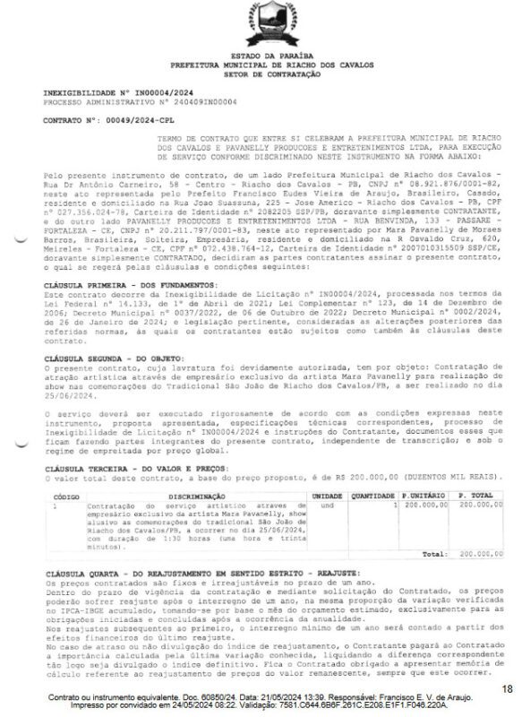 Riacho dos Cavalos desembolsa quase meio milhão de reais com apenas três horas de shows
