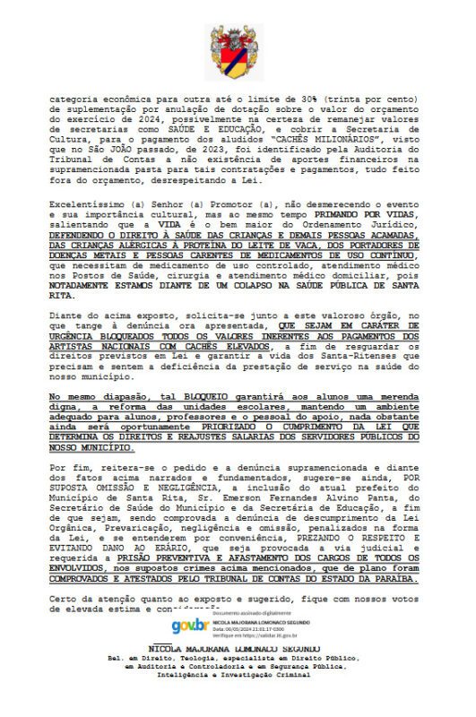 Processo no Tribunal de Contas e no Ministério Público pede bloqueio dos cachês do São João de Santa Rita