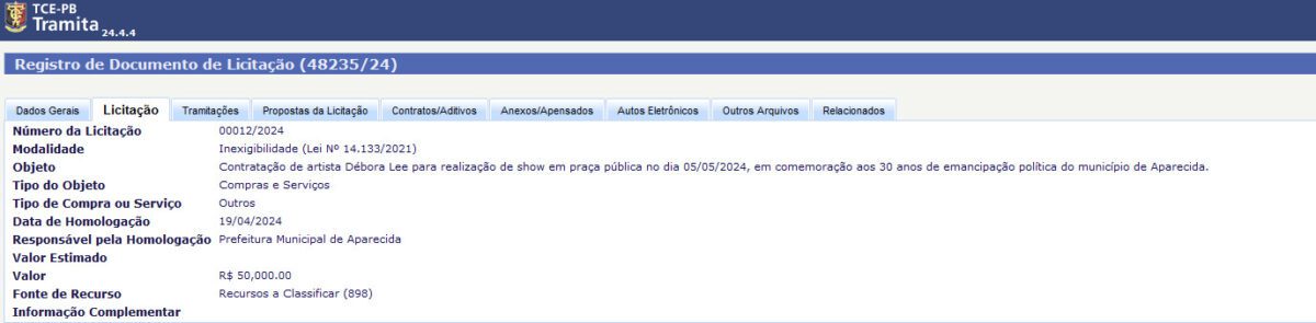 Prefeitura de Aparecida desembolsa mais de R$ 250 mil com cachês da festa de emancipação política
