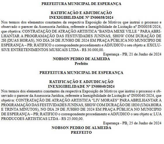Prefeitura de Esperança desembolsa mais de R$ 1,6 milhão com shows no São João; confira programação e cachês