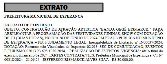 Prefeitura de Esperança desembolsa mais de R$ 1,6 milhão com shows no São João; confira programação e cachês