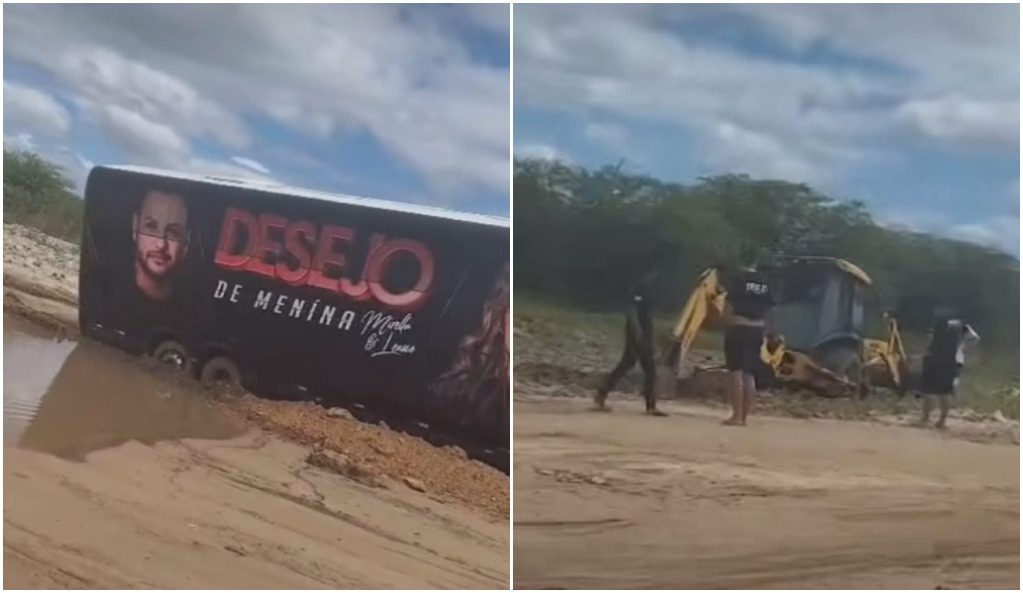 VÍDEO: ônibus da banda Desejo de Menina atola em estrada da Paraíba; trator tenta ajudar e também fica atolado Cubati, Ônibus