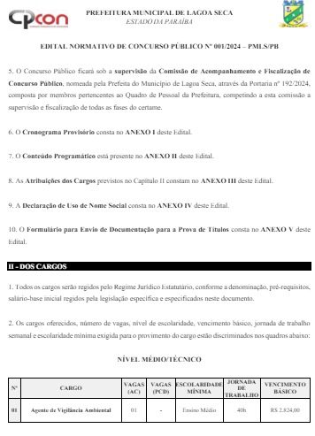 Concurso da Prefeitura de Lagoa Seca, com mais de 130 vagas e salários até R$ 7,7 mil, tem inscrições abertas