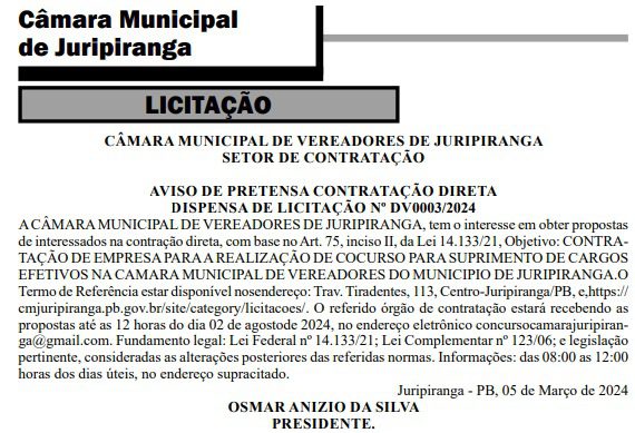 Câmara de Juripiranga se prepara para lançar concurso público