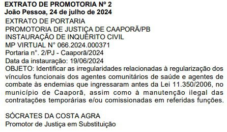 MP instaura inquérito para investigar irregularidades nas contratações de agentes de saúde na cidade de Caaporã