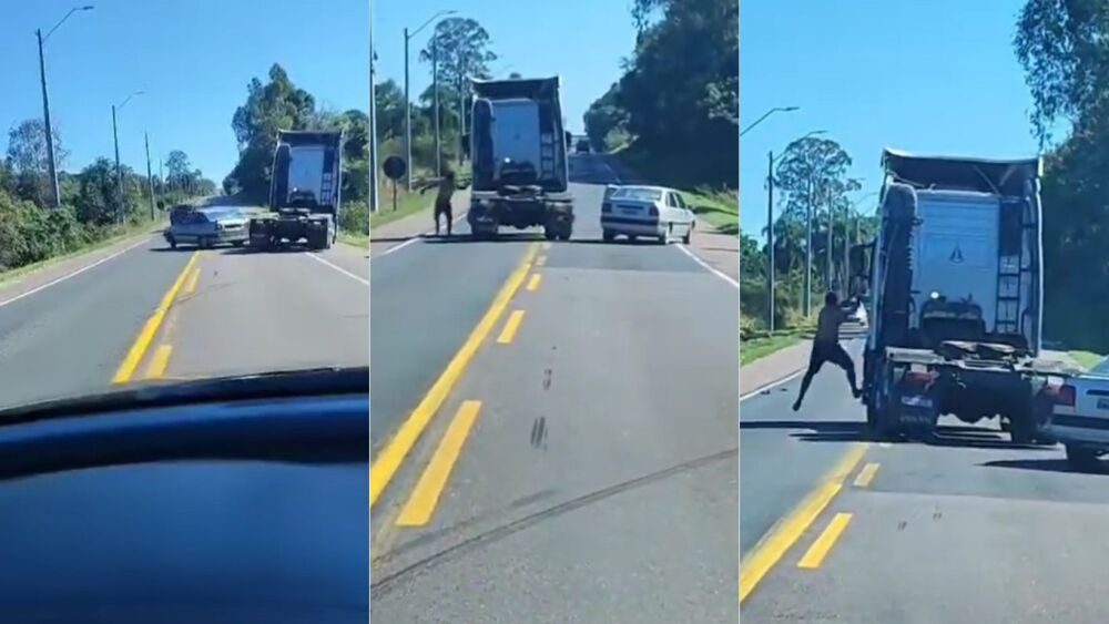 VÍDEO: Caminhão arrasta carro e motorista se pendura em veículo para agredir outro condutor caminhão, motorista, agredir