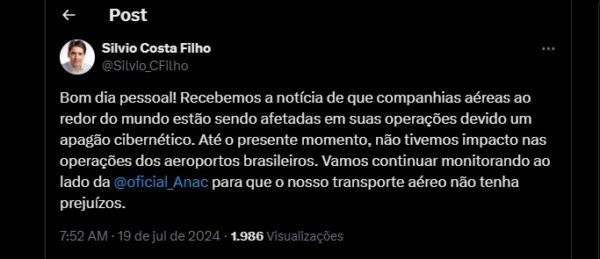 Ministro Silvio Costa garante que apagão global não afetou aeroportos brasileiros