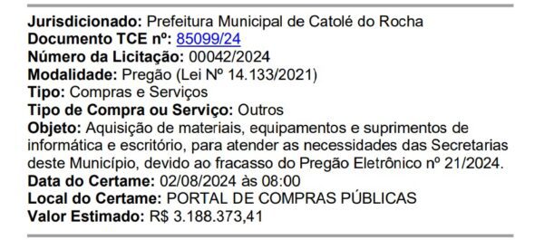 Aviso delicitação da cidade de Catolé do Rocha