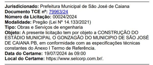 A Prefeitura da cidade de São José de Caiana vai gastar mais de R$ 700 mil para construir estádio