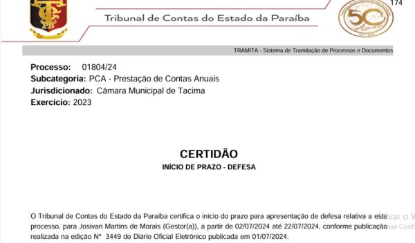 TCE intima presidente da Câmara de Tacima para explicar recebimento de salário 110,81% acima do permitido por lei