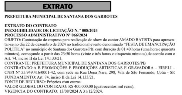 Prefeitura de Santana dos Gorrotes contrata show