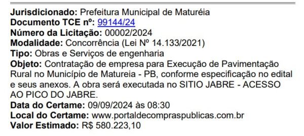 A prefeitura da cidade de Maturéia, interior da Paraíba, lançou uma licitação para pavimentação