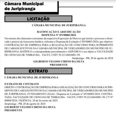 Câmara de Juripiranga contrata banca organizadora para concurso público