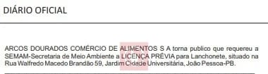 Solicitação de licença feita pelo McDonald's para nova unidade em João Pessoa. (foto: reprodução/Diário Oficial do Município)