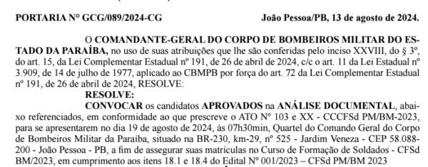 Corpo de Bombeiros convoca 226 candidatos aprovados na análise documental para matrícula no Curso de Formação