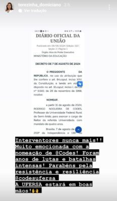 Reitora eleita da UFPB comemora nomeação de reitor eleito da Ufersa, que foi 'rifado' por Bolsonaro em 2020: "intervenção nunca mais"