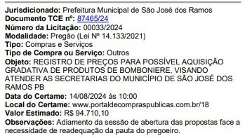 São José dos Ramos, bomboniere, 90 mil