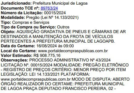 Município na Paraíba com 4 mil habitantes lança licitação de R$ 900 mil para adquirir pneus e câmaras de ar Município na Paraíba com 4 mil habitantes lança licitação de R$ 900 mil para adquirir pneus e câmaras de ar