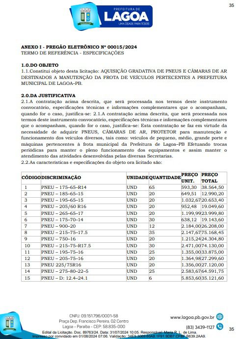 Município na Paraíba com 4 mil habitantes lança licitação de R$ 900 mil para adquirir pneus e câmaras de ar Município na Paraíba com 4 mil habitantes lança licitação de R$ 900 mil para adquirir pneus e câmaras de ar