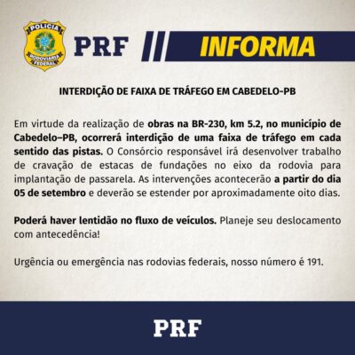 Faixa da BR-230 em Cabedelo será interditada nos dois sentidos a partir de hoje