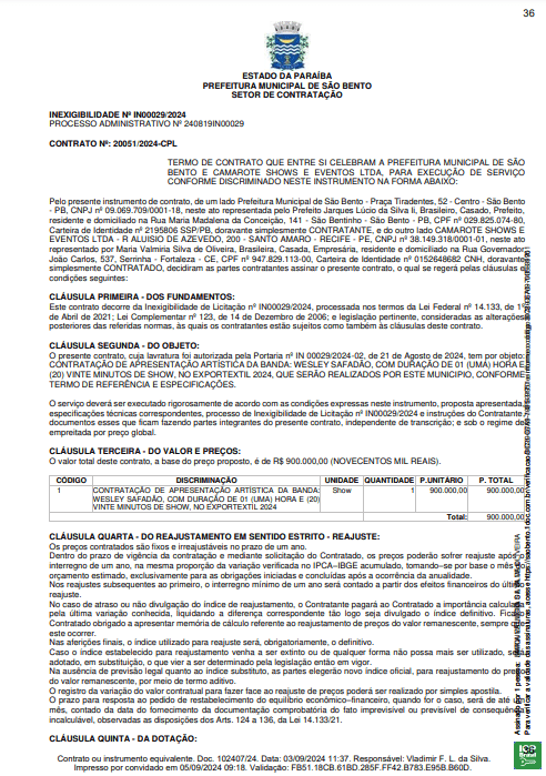 Contrato da Prefeitura de São Bento com Wesley Safadão