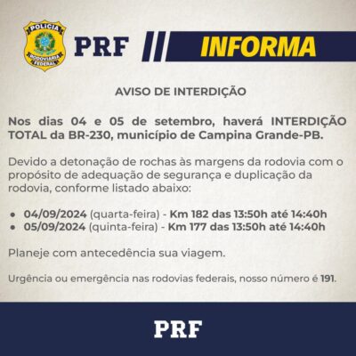 Trecho da BR-230 em Campina Grande será interditado por dois dias esta semana; confira horários