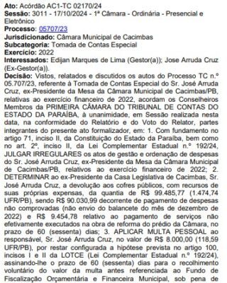 Ex-presidente da Câmara Municipal de Cacimbas terá que devolver mais de R$ 99 mil aos cofres públicos