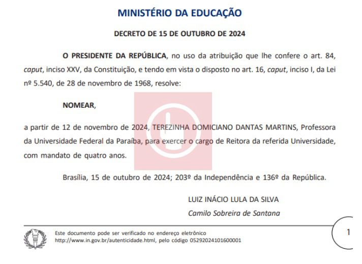 Nomeação de Terezinha Domiciano consta no DOU.